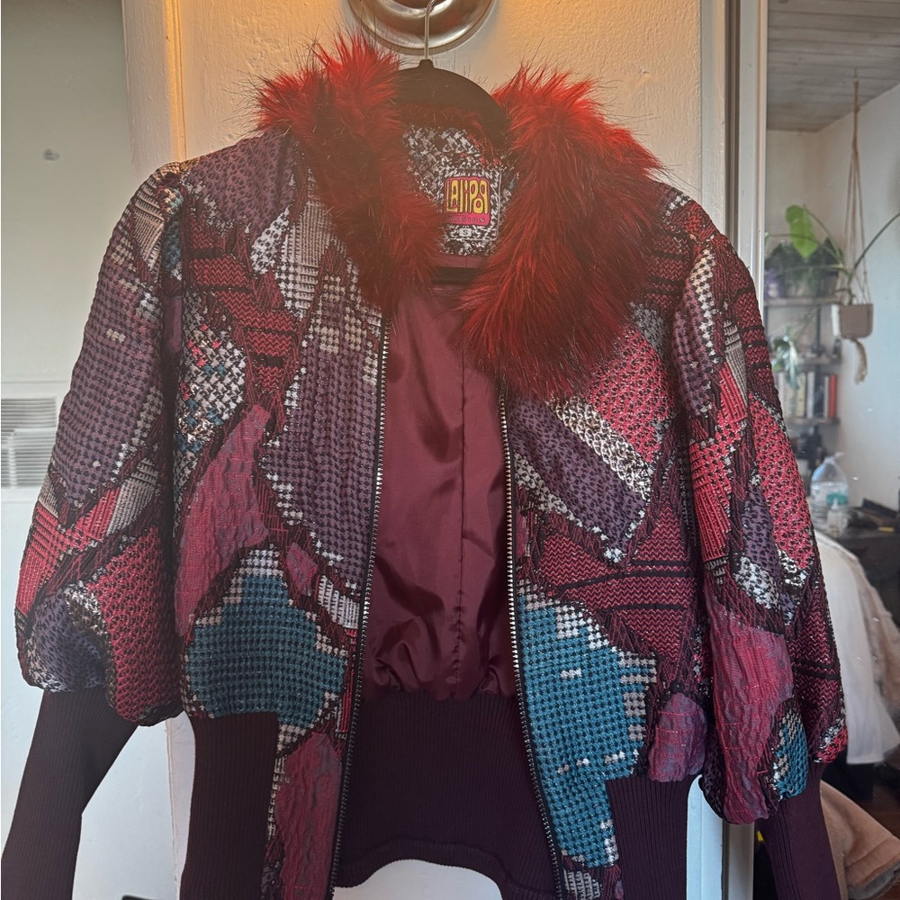 Lalipop Design Women's Metallic Festival Red Fur Jacket
